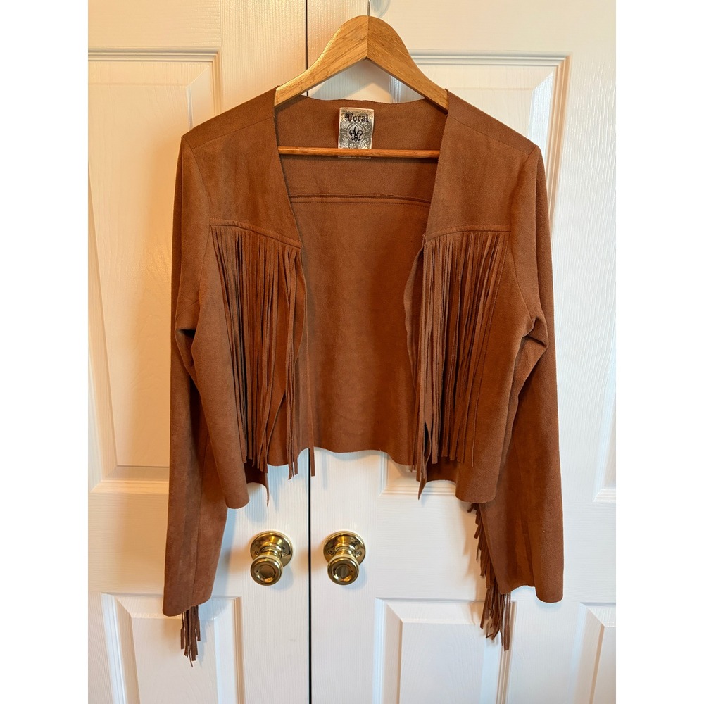 Vocal Faux Suede Fringe Jacket Brown Western Cropped Cardigan L IM1508J